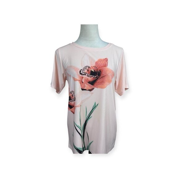 DG2 Diane Gilman Shirt Peach Floral Short Sleeve Top Size Small NWT - Picture 1 of 10